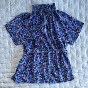 Rungolee XL Brooklyn long sleeve sapphire phoenix crane silk crepe blouse.